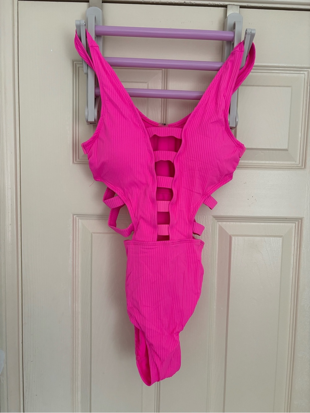 Neon Pink TiniBikini swimsuit w plunging neckline and cut-out ladder NWOT SZ S